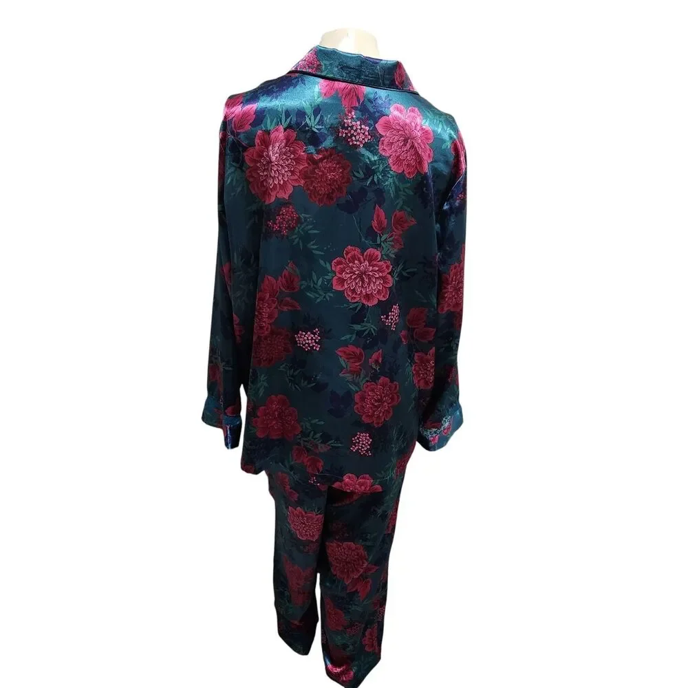 Thalia Sodi Floral Satin‎ Pajama Set Teal Pink Lounge XL 2PC